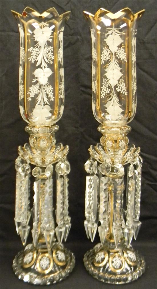 Appraisal: GLASS Pair Baccarat type enameled glass candlesticks with hurricane shades