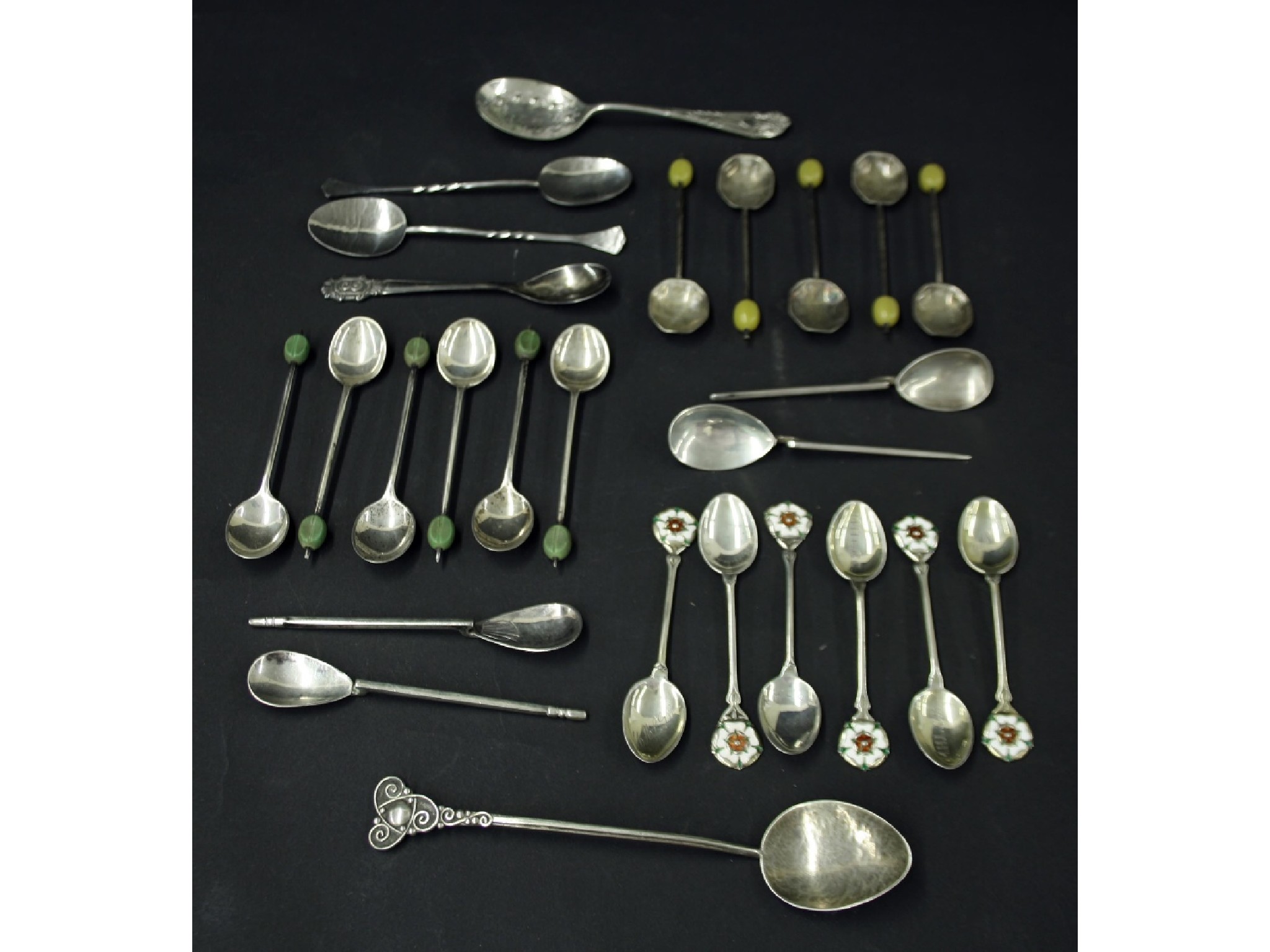 Appraisal: Set of six s silver and enamel teaspoons each mounted