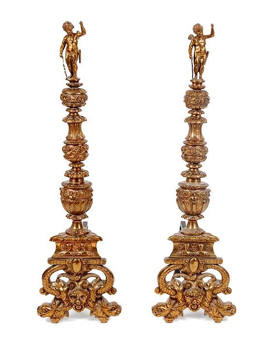 Appraisal: A Pair of Continental Gilt Bronze Andirons Height inches A