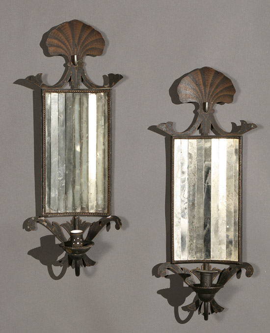 Appraisal: Pair of Regency Style Tole Painted Mirror-Back Wall Sconces First