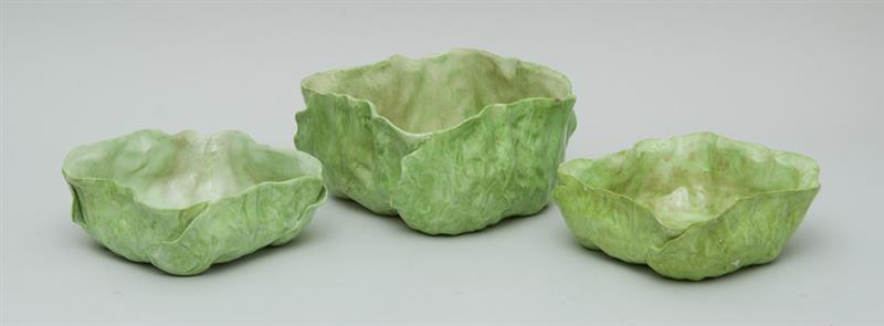 Appraisal: PAIR OF LETTUCE LEAF POTTERY ANGULAR SALAD BOWLS AND A