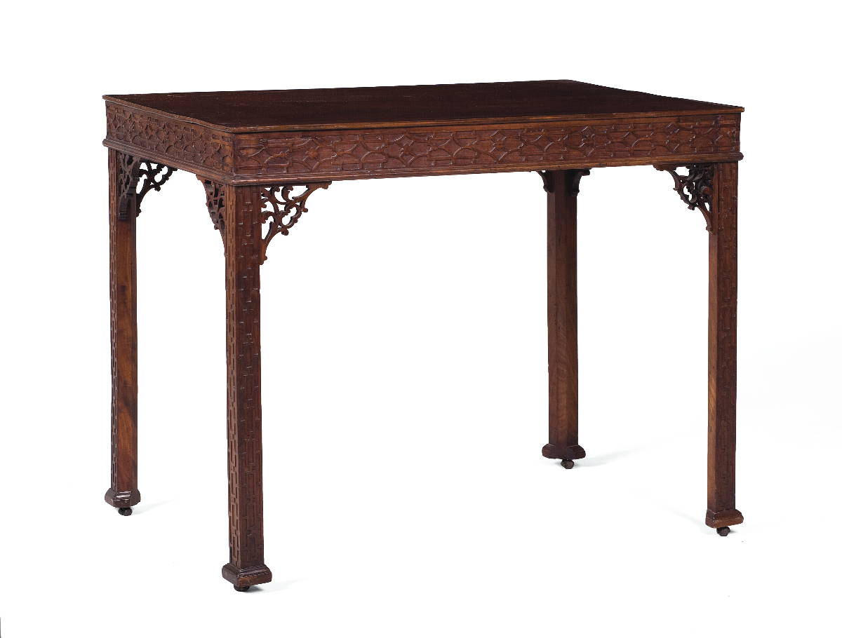 Appraisal: ENGLISH CHINESE CHIPPENDALE DESIGN CARVED MAHOGANY TEA TABLE The rectangular