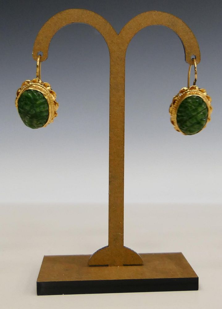 Appraisal: CHINESE KT YELLOW GOLD CARVED JADE EARRINGS Each about in