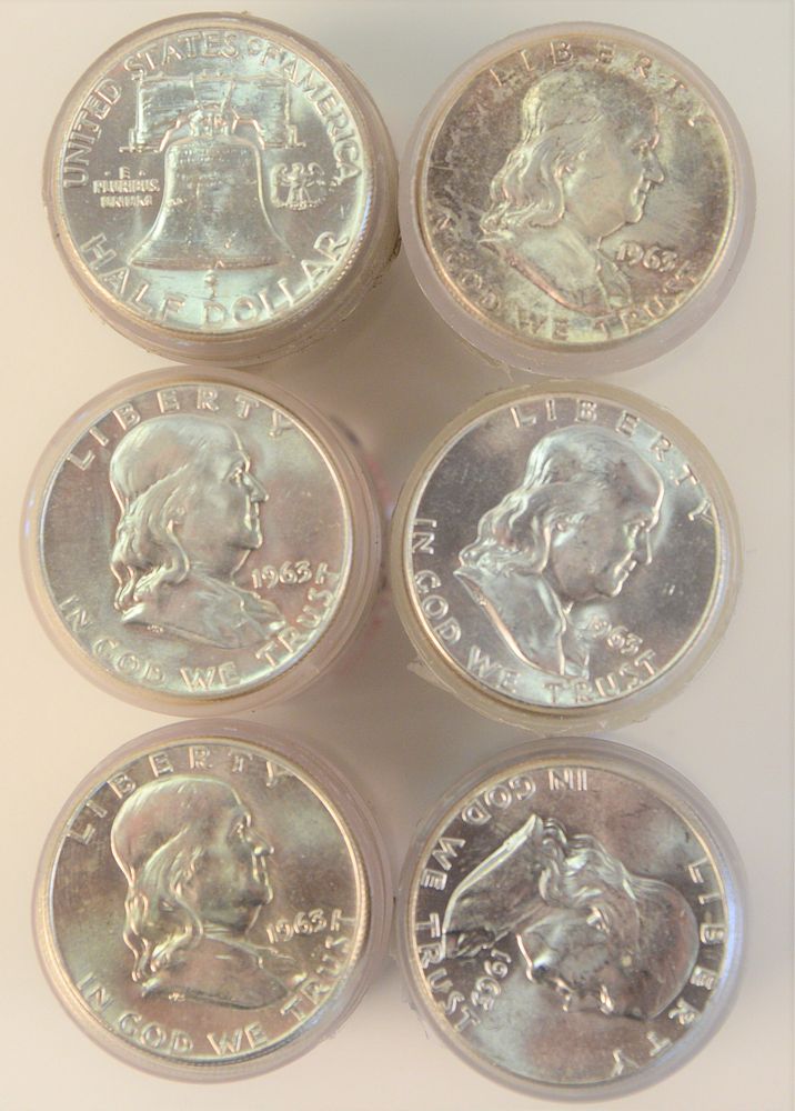 Appraisal: Six Rolls of Franklin Silver Half Dollars AU Six Rolls