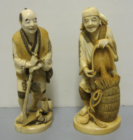 Appraisal: TWO JAPANESE CARVED AND INKED IVORY FIGURES Farmer with pipe