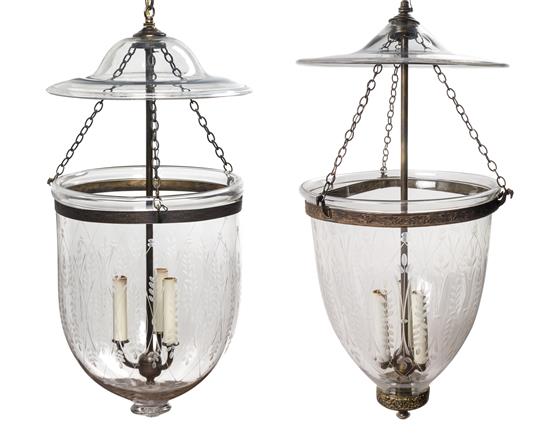 Appraisal: Sale Lot A Pair of Etched Glass Three-Light Hall Lanterns