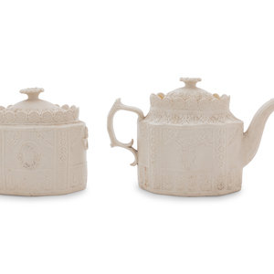 Appraisal: An English Stoneware Teapot and Covered Sugar Likely Sowter Company