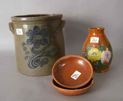 Appraisal: Stoneware crock th c with cobalt floral decoration together with