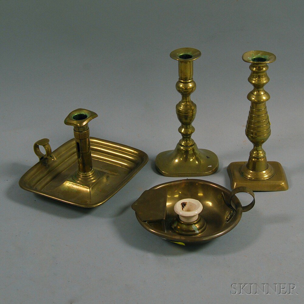 Appraisal: Four Brass Candlesticks two chambersticks with round and rectangular dished