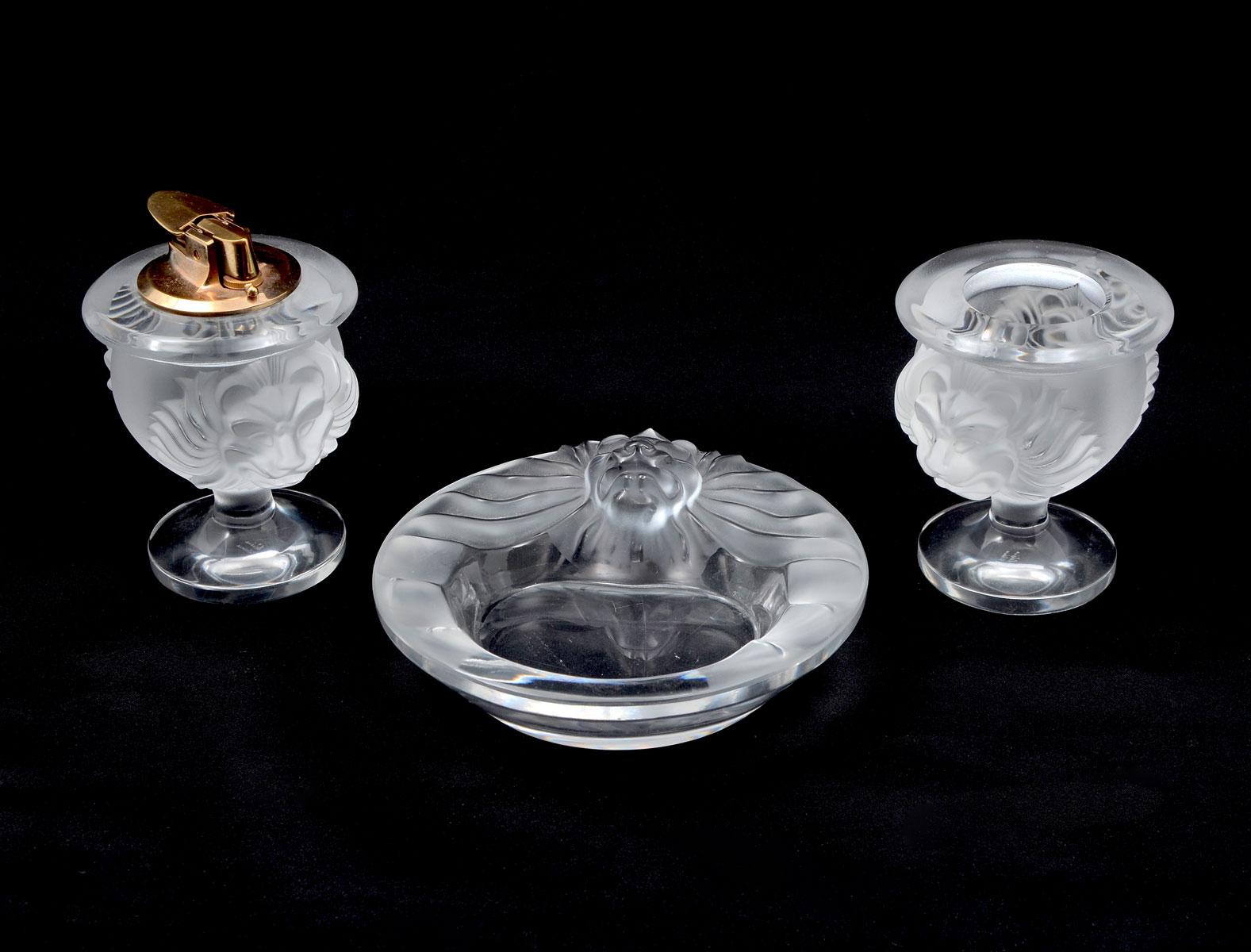 Appraisal: PIECE LALIQUE CRYSTAL TETE DE LION SMOKING SET Comprising -