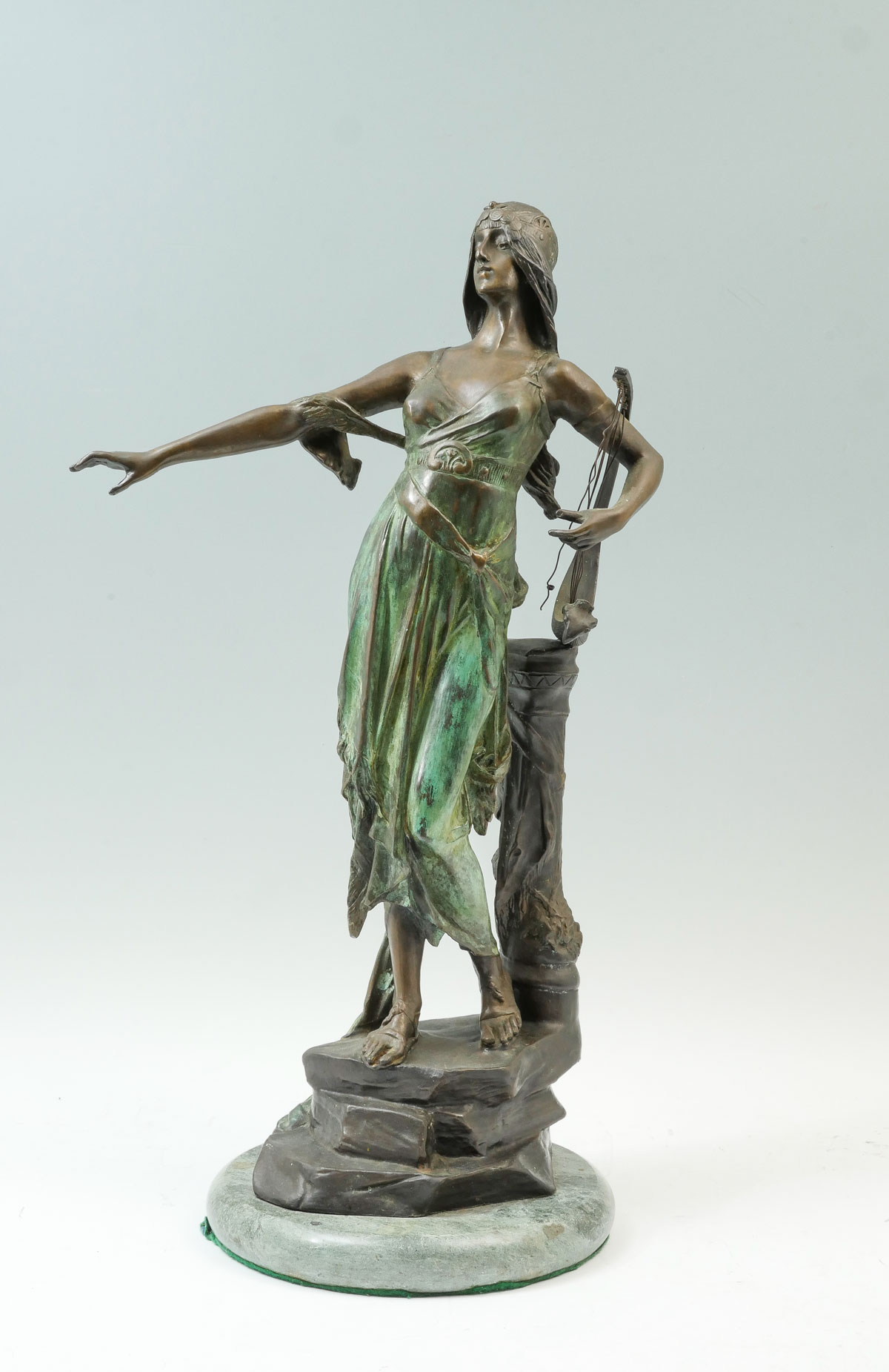 Appraisal: PATINATED BRONZE WOMAN WITH HARP AFTER DROUOT Measures '' in