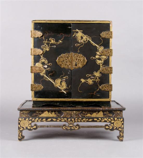 Appraisal: A Chinese Black Lacquered Diminutive Cabinet on Stand Height inches