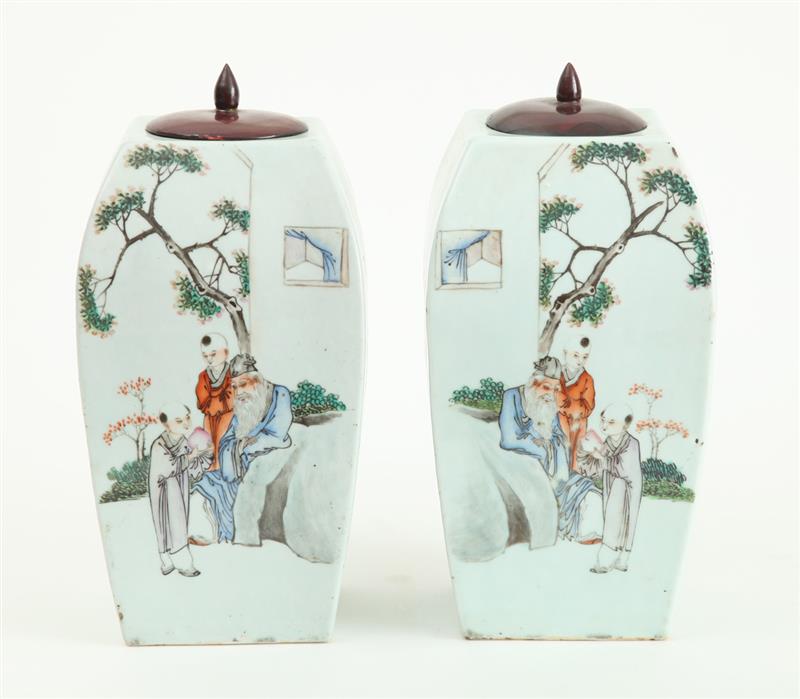 Appraisal: PAIR OF CHINESE FAMILLE ROSE PORCELAIN ANGULAR BARREL-FORM JARS WITH