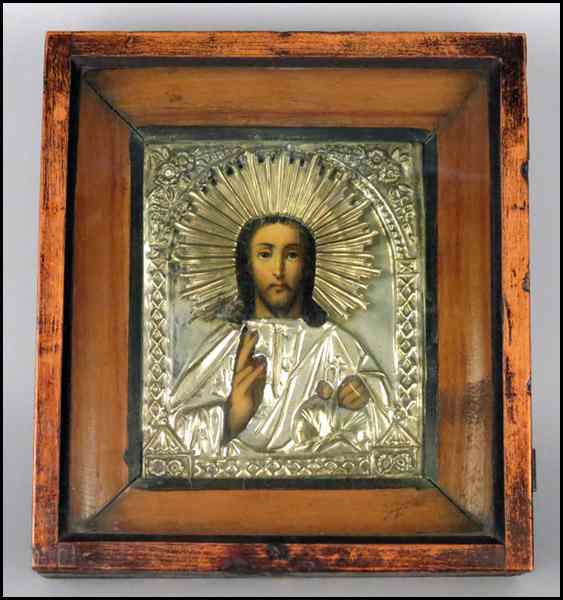 Appraisal: TH CENTURY RUSSIAN ICON IN HAMMERED TIN OKLAD Mounted in