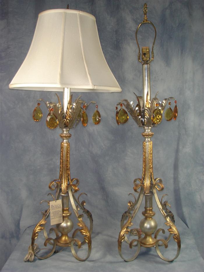 Appraisal: Pair of two tone metal table lamps amber hanging prisms