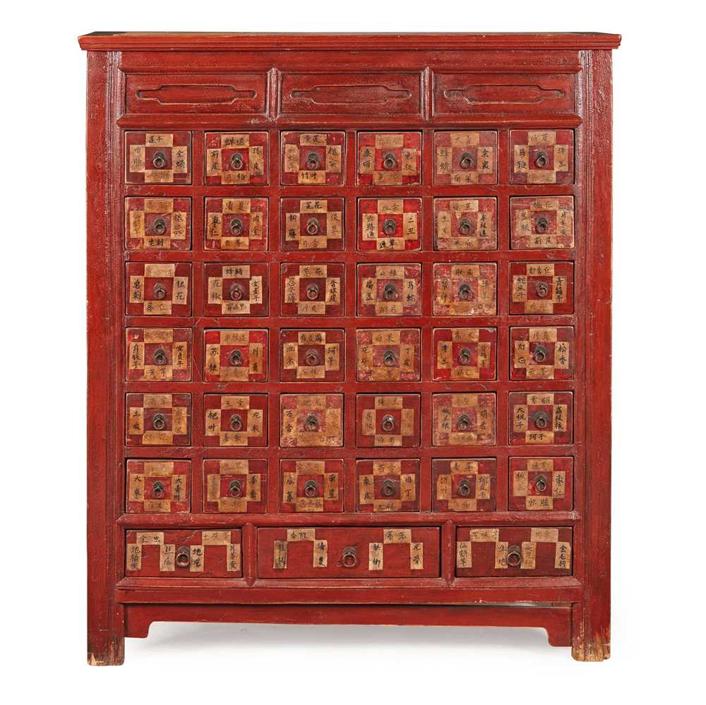 Appraisal: CHINESE RED PAINTED APOTHECARY CABINET TH CENTURY the projecting cornice