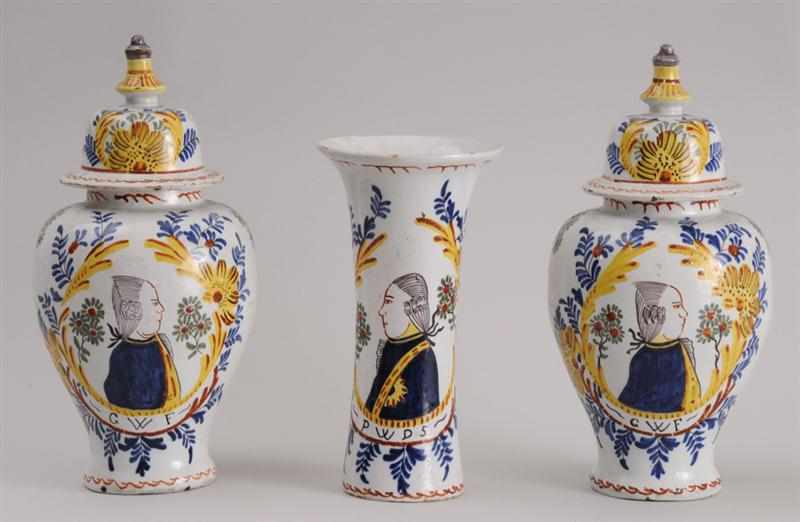 Appraisal: DUTCH POLYCHROME DELFT THREE-PIECE MANTEL GARNITURE Marked in underglaze blue