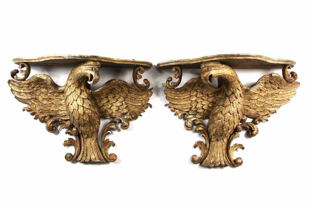 Appraisal: PAIR GILT DEMI-LUNE EAGLE FORM SHELVES - Pair of Federal