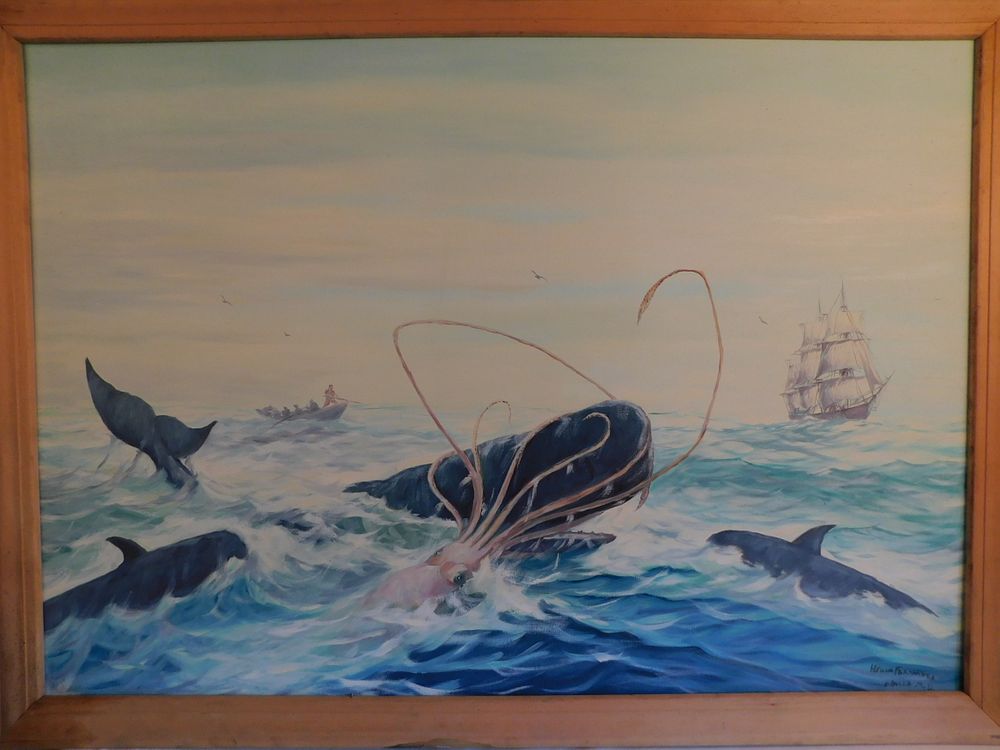 Appraisal: S FERNANDES WHALING PAINTING WITH SQUID Large vintage oil painting