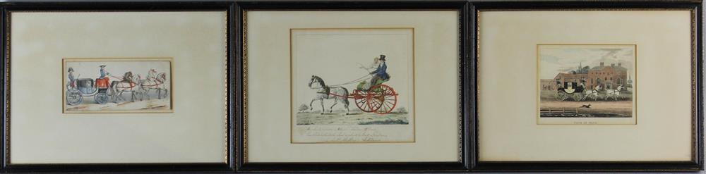 Appraisal: THREE FRAMED COACH PRINTS along with a HAYWOOD HARDY CHROMOLITHOGRAPH