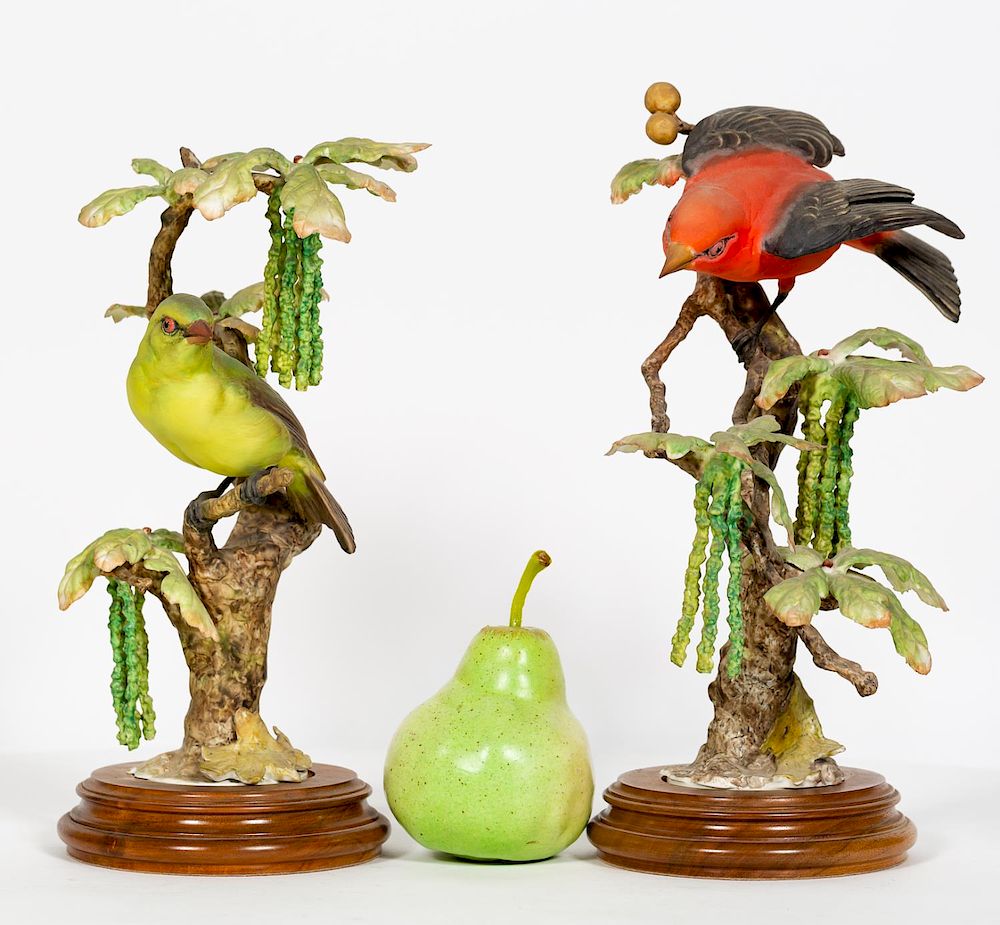 Appraisal: Pair Doughty Scarlett Tanager Figurines w Stands Dorothy Doughty Italian