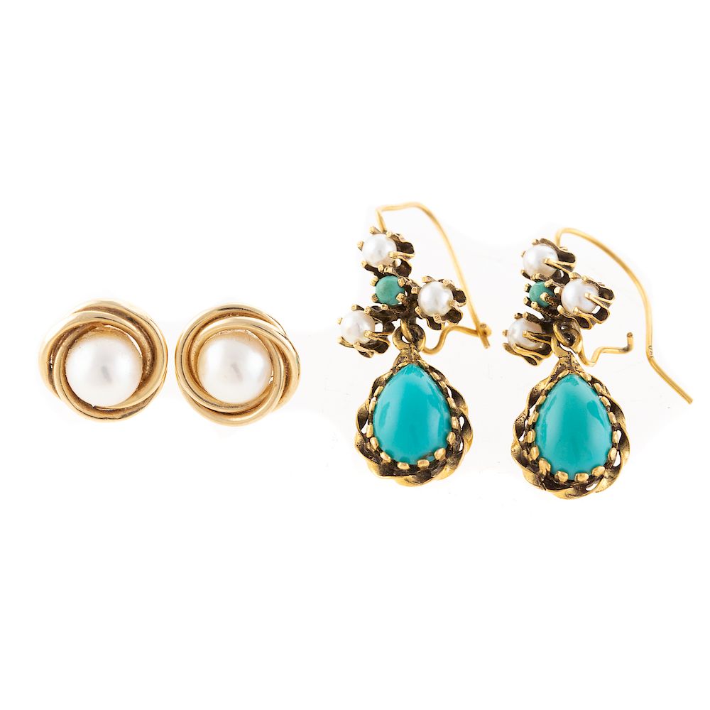 Appraisal: Two Pairs of K Turquoise Pearl Earrings K yellow gold