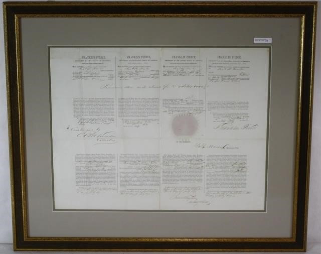 Appraisal: FRAMED TH CENTURY SHIP S PASSPORT SIGNED BYPRESIDENT FRANKLIN PIERCE