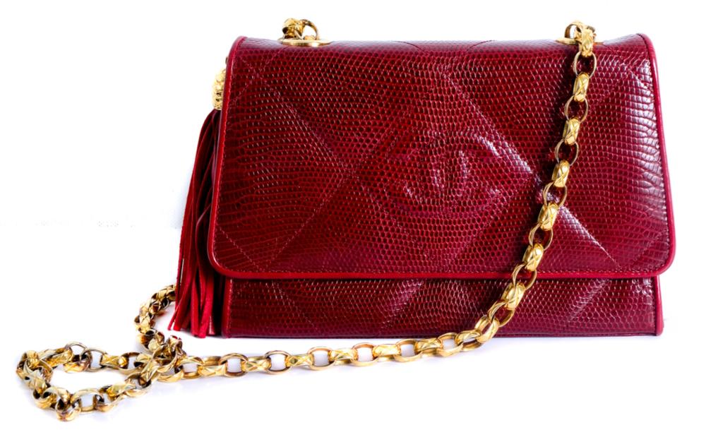 Appraisal: CHANEL RED LIZARD QUILTED FLAP BAGChanel Red Lizard quilted flap