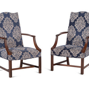 Appraisal: A Pair of George III Style Mahogany Upholstered Armchairs Late