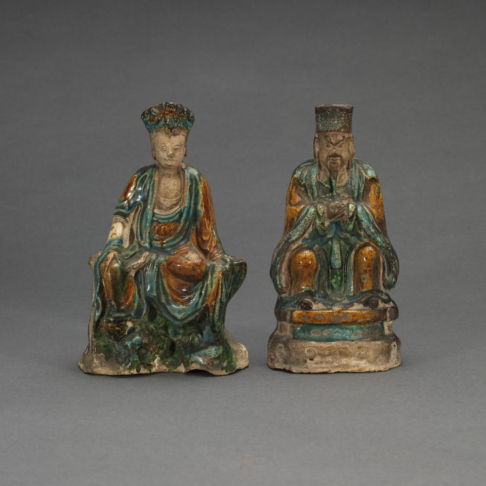 Appraisal: Two Glazed Pottery Figures of Guanyin and an Official China