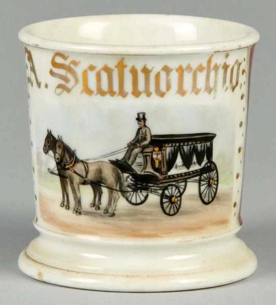 Appraisal: Double Horse-Drawn Hearse Shaving Mug Description Gilt name A Scatuorchio