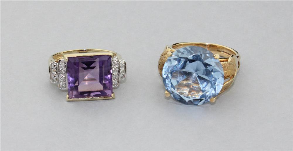 Appraisal: AMETHYST AND DIAMOND RING AND A SYNTHETIC BLUE SPINEL RING