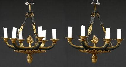 Appraisal: TWO EMPIRE PATINATED-GILT SIX-LIGHT CHANDELIERS