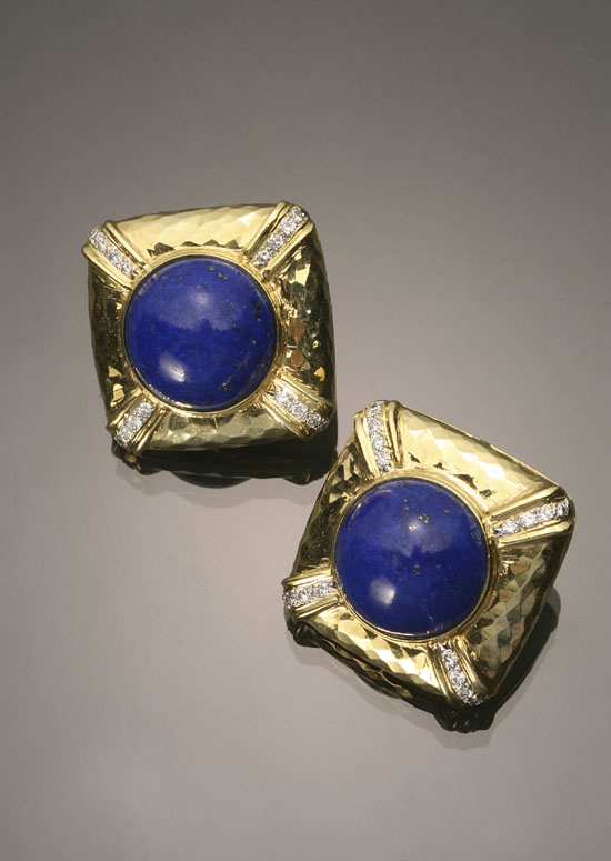 Appraisal: Pair of -Karat Yellow-Gold Lapis Lazuli and Diamond Ear Clips