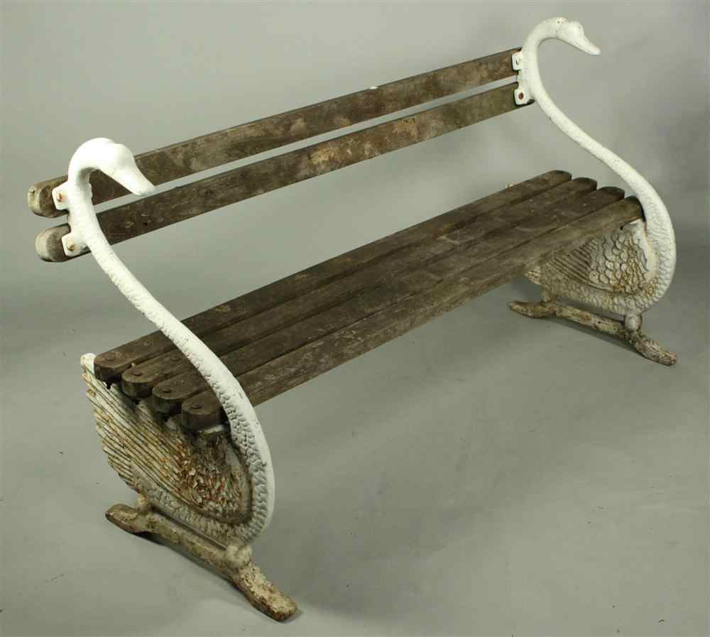 Appraisal: SWAN WHITE PAINTED CAST IRON BENCH WITH WOOD SLATS with