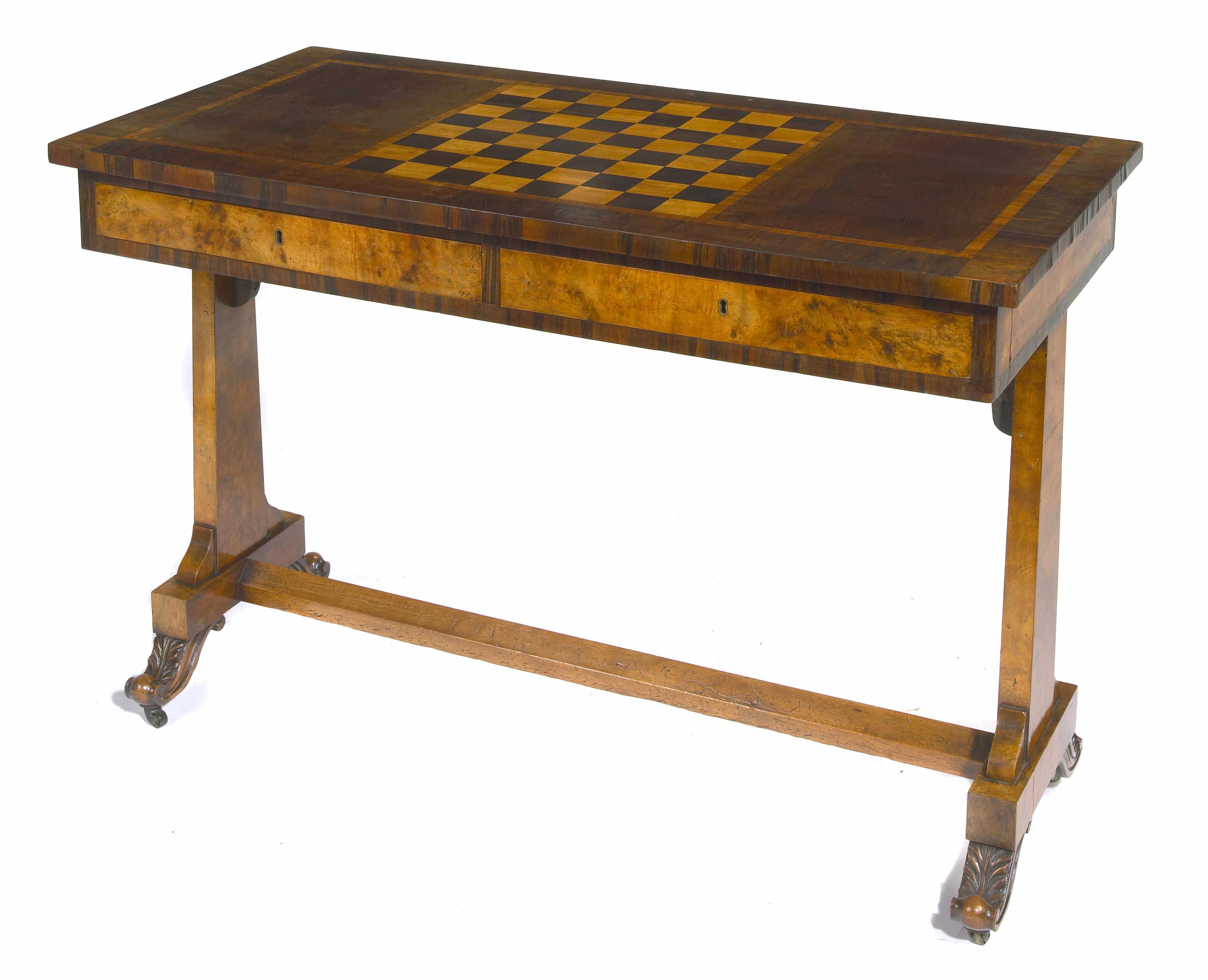 Appraisal: A late Regency inlaid and burled wood sofa games table