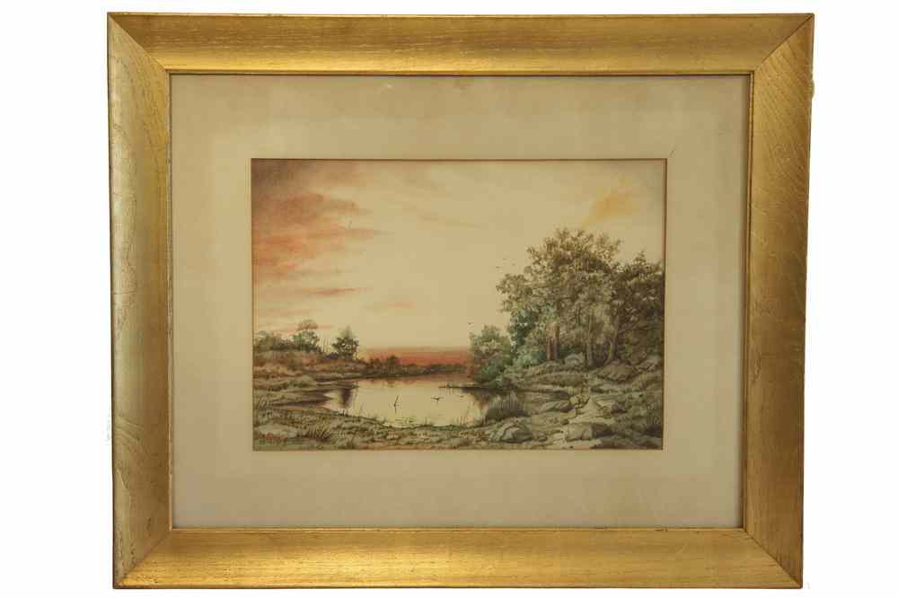 Appraisal: W C - Sunset pond by Silas Hicks in gold