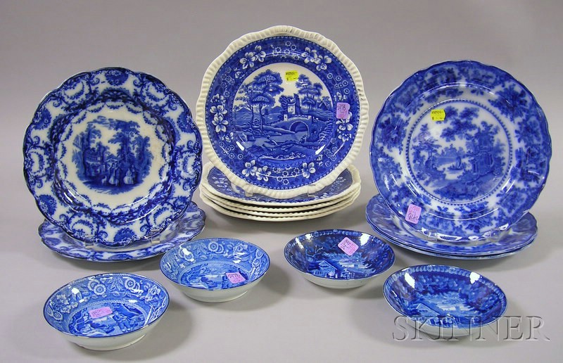 Appraisal: Fourteen English Blue and White Transfer Staffordshire Plates and Saucers