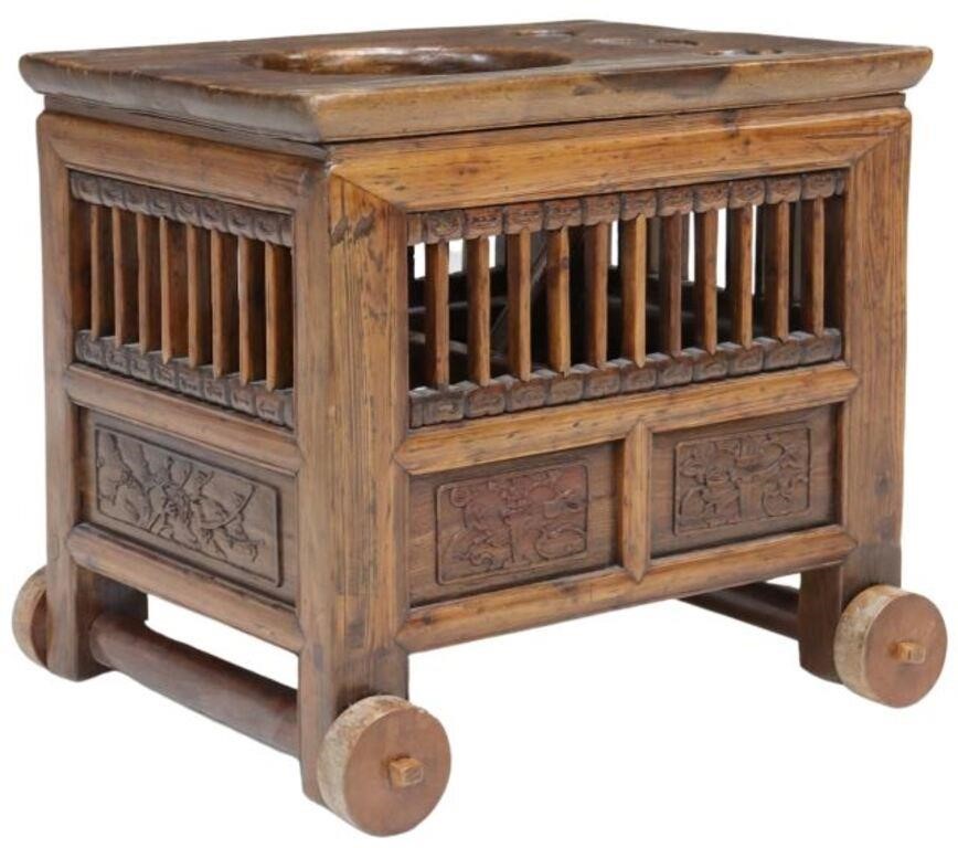 Appraisal: Chinese child's chair cart slatted sides carved panels on wood