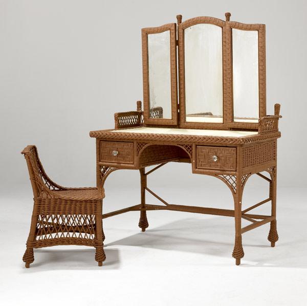 Appraisal: WICKER FURNITURE Mirrored vanity and chair in the Bar Harbor