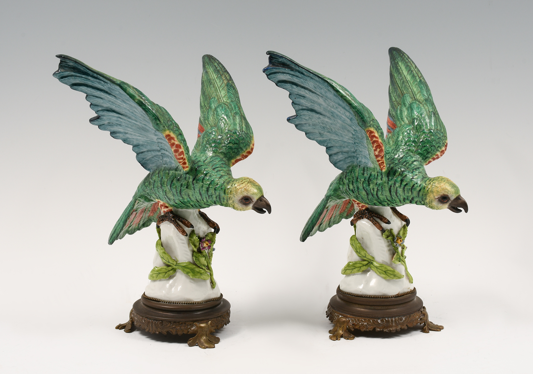 Appraisal: PAIR FRENCH POLYCHROME PORCELAIN BIRDS Late th-century French porcelain birds