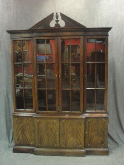 Appraisal: Mahogany and Inlaid 'Broken' Pediment China Cabinet With Hickory Chair