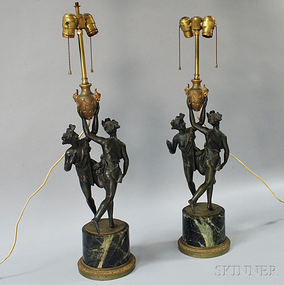 Appraisal: Pair of Cast Metal Figural Lamps on Marble Bases each