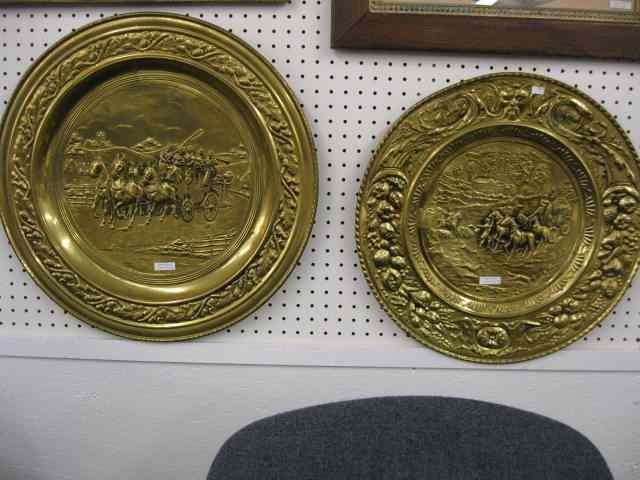 Appraisal: Brass Wall Chargers embossed coaching scenes largest '' diameter