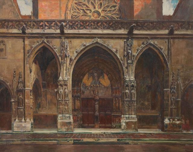 Appraisal: Framed oil on canvas painting Gothic Church Doors signed lower