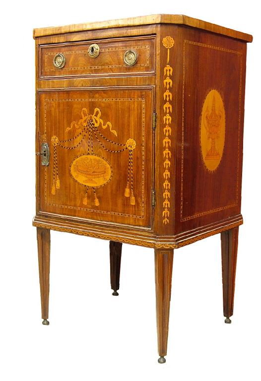 Appraisal: Attractive th century inlaid bedside cabinet in the Sheraton style