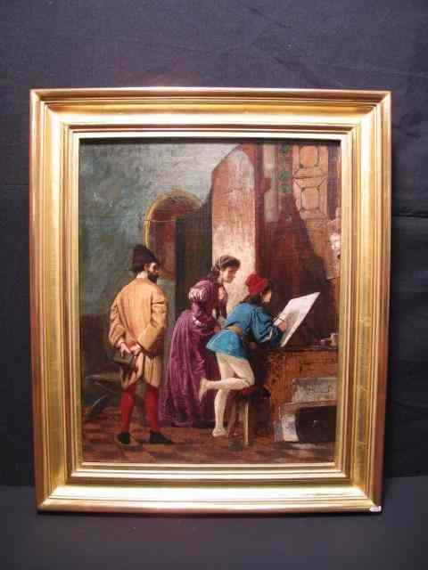 Appraisal: Oil on canvas painting interior scene with figures Signed lower