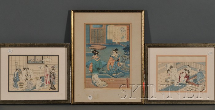 Appraisal: Three Japanese Woodblock Prints and a Painting Women Entering and