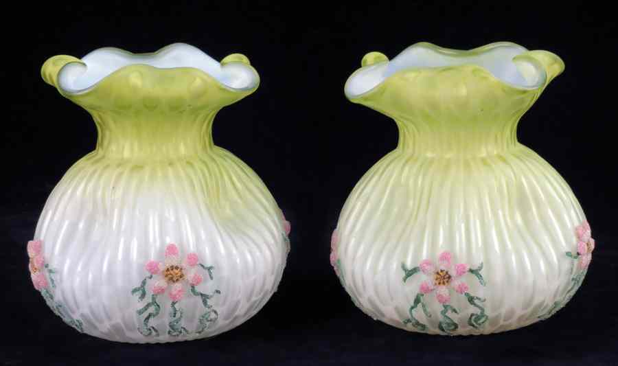 Appraisal: PAIR OF WEBB YELLOW SATIN GLASS VASES Pinched vases bear