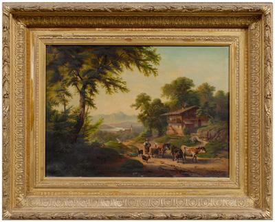 Appraisal: German School painting mountain landscape with figure herding cows and